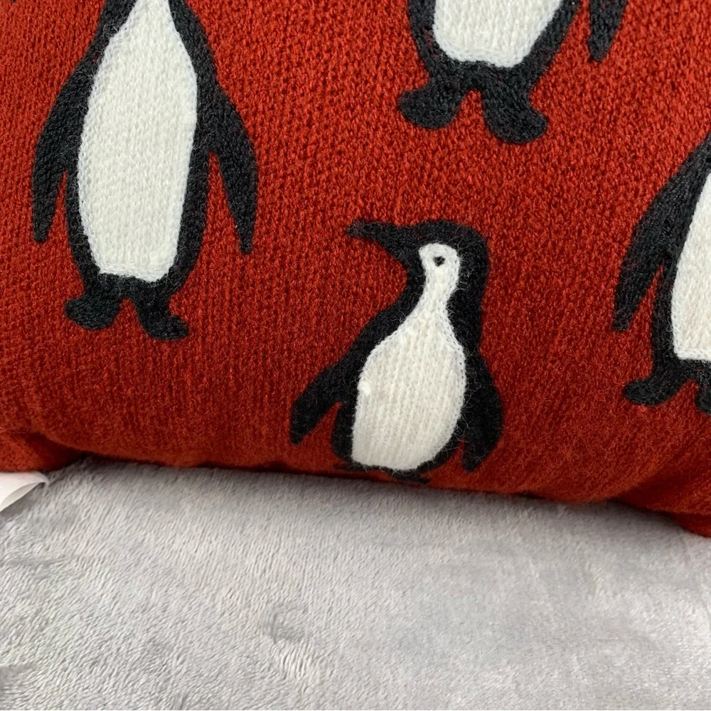 Pottery Barn Red Needlework Penguin‎ Pattern Crewel Pillow 14 X 14 Imperfections